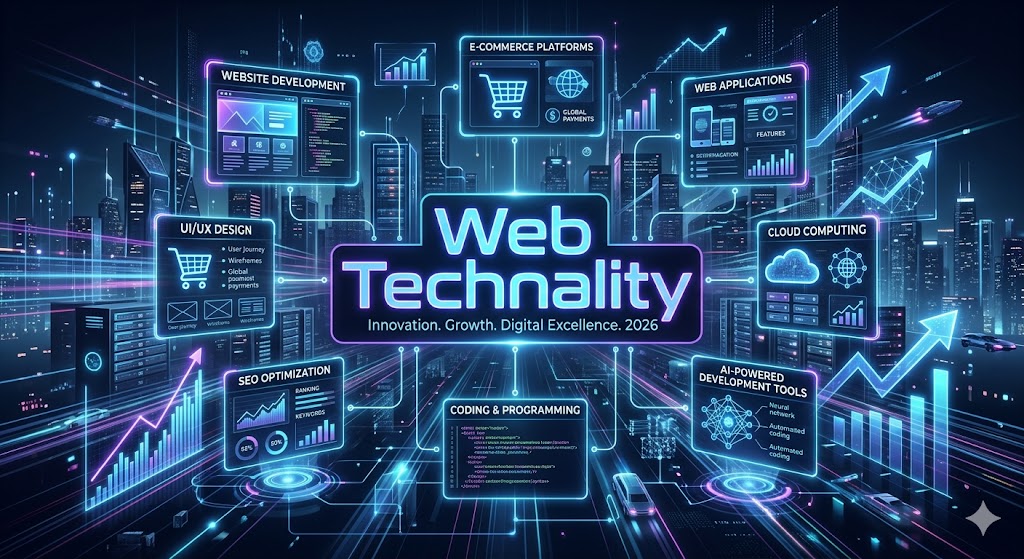 Create a highly professional, futuristic digital illustration that represents a modern web development agency ecosystem in 2026. The central focus of the image should be a glowing, modern tech brand named “Web Technality”, displayed as a sleek digital logo in the center of a futuristic workspace or digital city environment. The brand name should feel premium, innovative, and trustworthy. Surround the central “Web Technality” concept with interconnected digital elements showing the core services of a web development agency, including: website development UI/UX design e-commerce platforms web applications SEO optimization coding and programming cloud computing AI-powered development tools These elements should appear as floating holographic panels or connected nodes in a digital network. The background should be a futuristic tech environment, such as: a cyber-inspired digital city skyline glowing server networks abstract data streams flowing across the scene a high-tech workspace with holograms and code visuals The overall theme should represent innovation, growth, and digital transformation. Use a color palette of: neon blue electric purple cyan glow subtle white highlights dark futuristic background for contrast The atmosphere should feel premium, clean, modern, and highly professional, avoiding clutter or childish design. Add subtle visual metaphors of business growth such as: upward graphs made of light expanding digital networks glowing arrows representing success and scaling Typography for “Web Technality” should be: bold futuristic sans-serif glowing or neon effect perfectly centered and clearly readable Lighting should be cinematic with depth, reflections, and soft glow effects to give a high-end tech brand identity. The final image should feel like a top global web development agency brand identity poster, representing innovation, trust, and digital excellence in 2026.