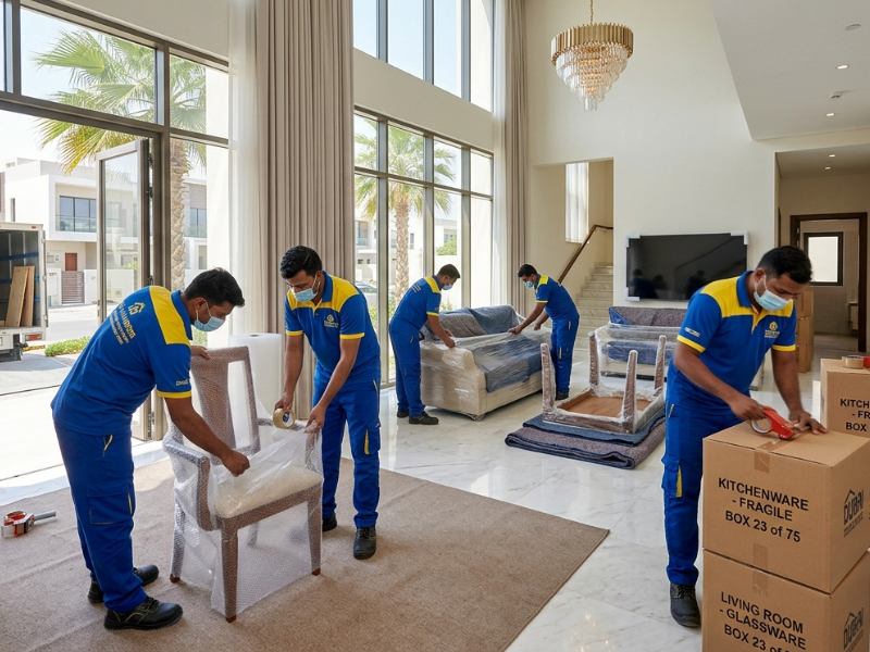 Villa movers in Dubai packing furniture and household items inside a luxury villa before relocation.