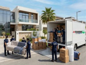 Professional movers in JLT Dubai handling furniture and household items during a residential relocation